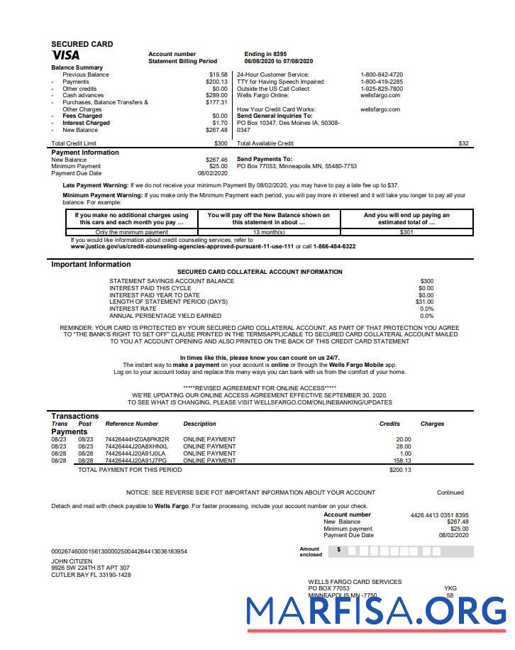 Downloadable USA Wells Fargo bank credit card statement word sample